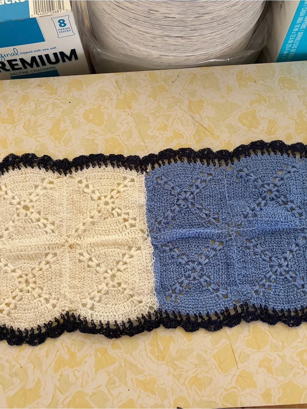 Handmade Crocheted Bath Mat Runner in Blue, Cream & Navy Trim